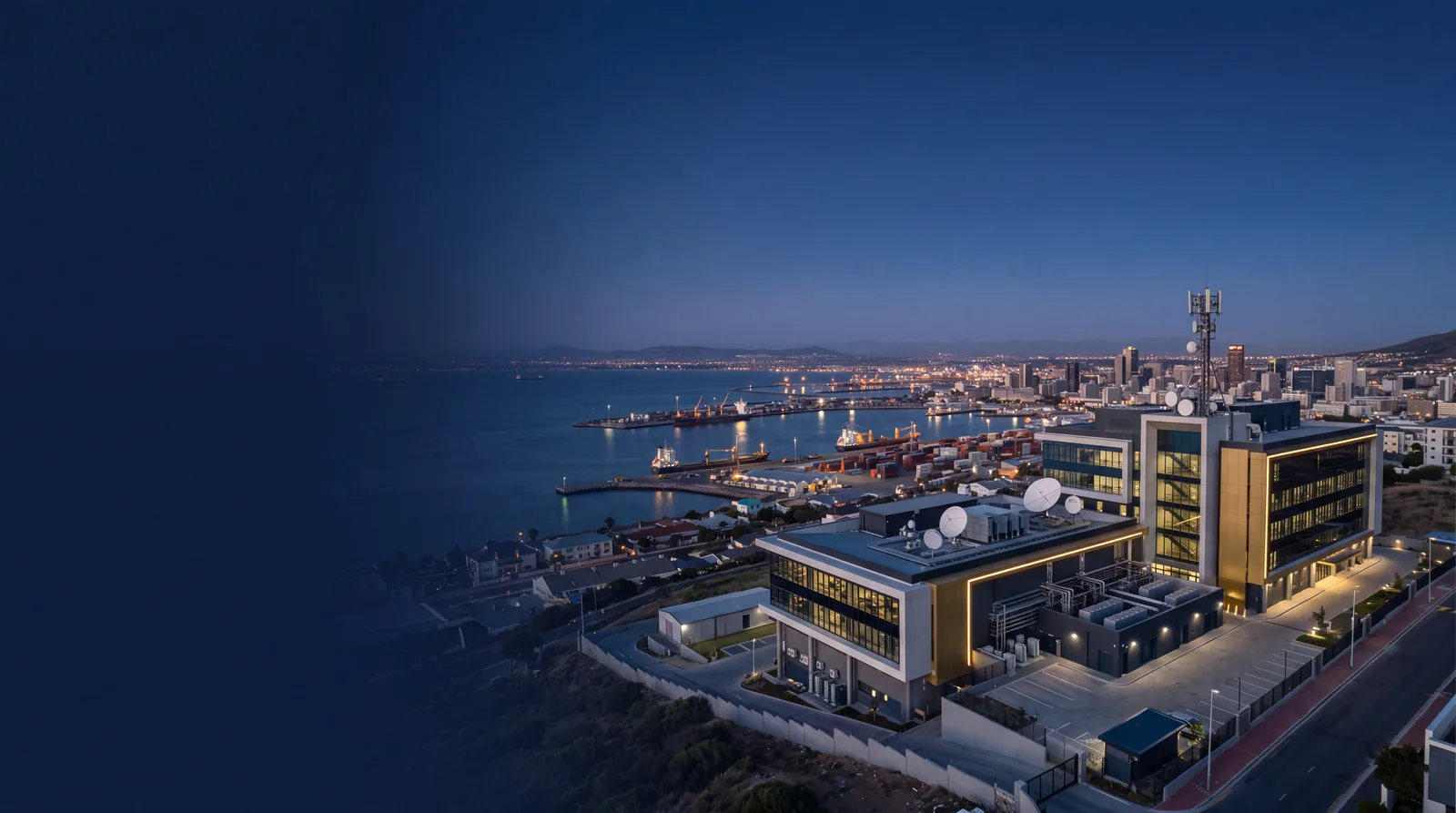 African gateway — enterprise network infrastructure at blue hour