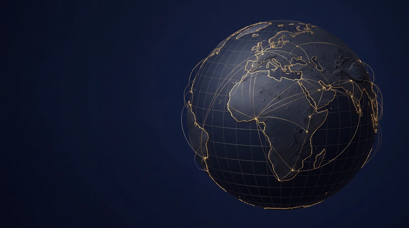 Global network globe with routes radiating from Africa