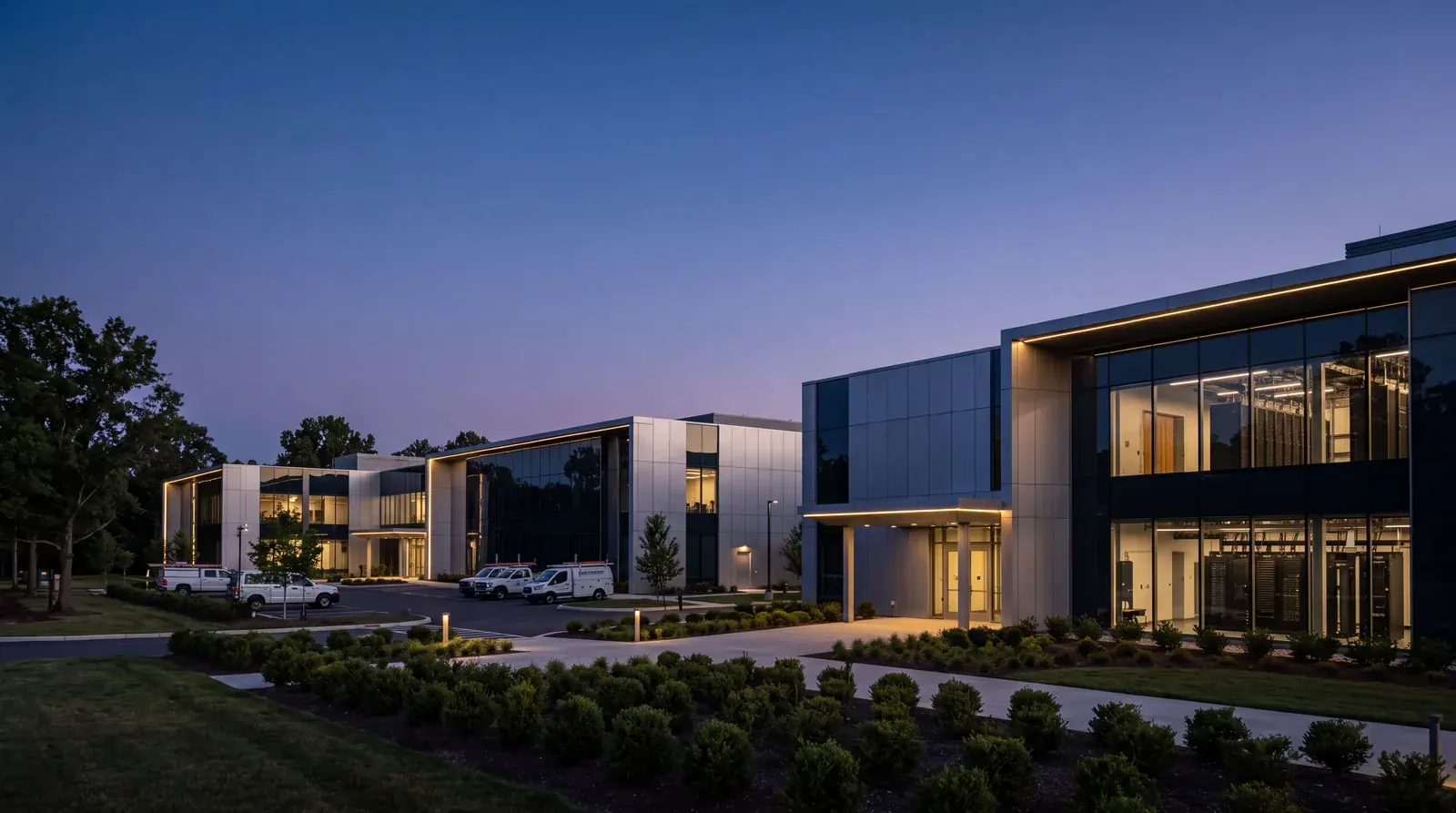 Enterprise infrastructure — carrier-grade facilities at dusk