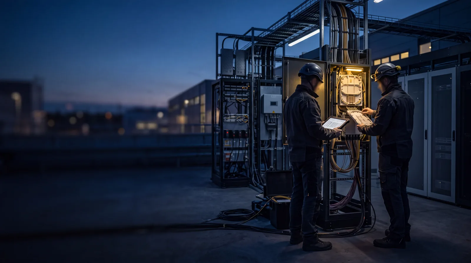 Engineers at a fiber splice enclosure in the field