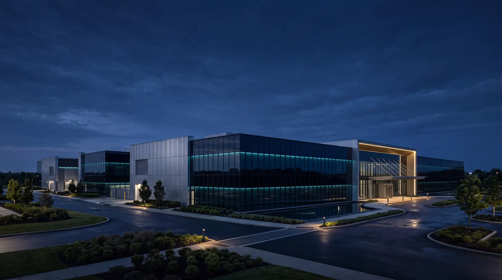 Data center campus at dusk — cloud connectivity
