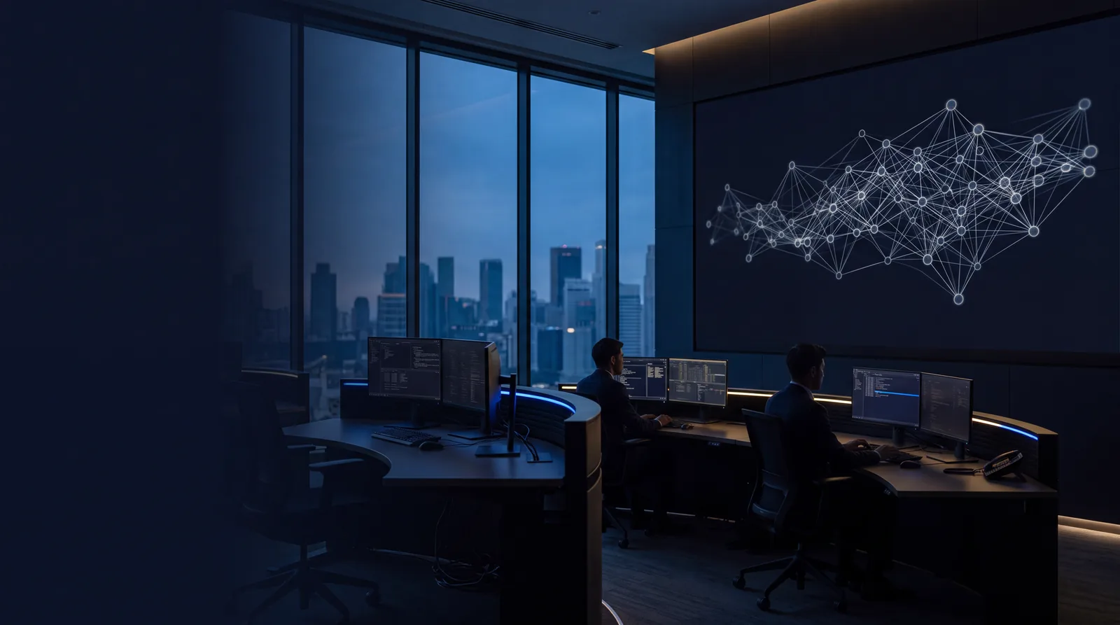AI operations control room with engineers supervising