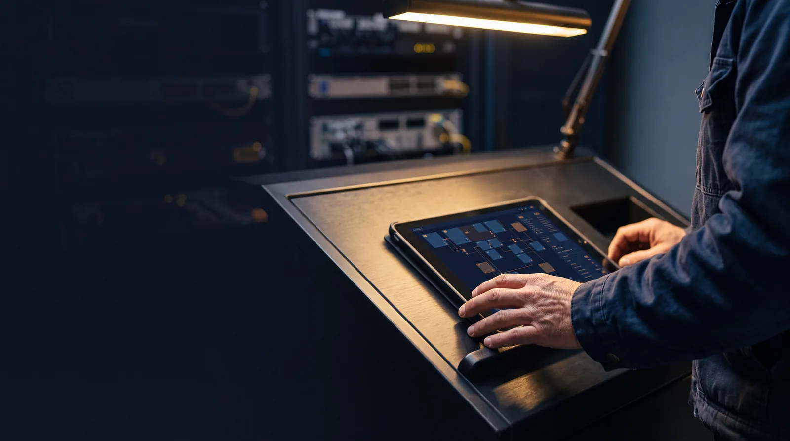 Engineer hands at an operations console