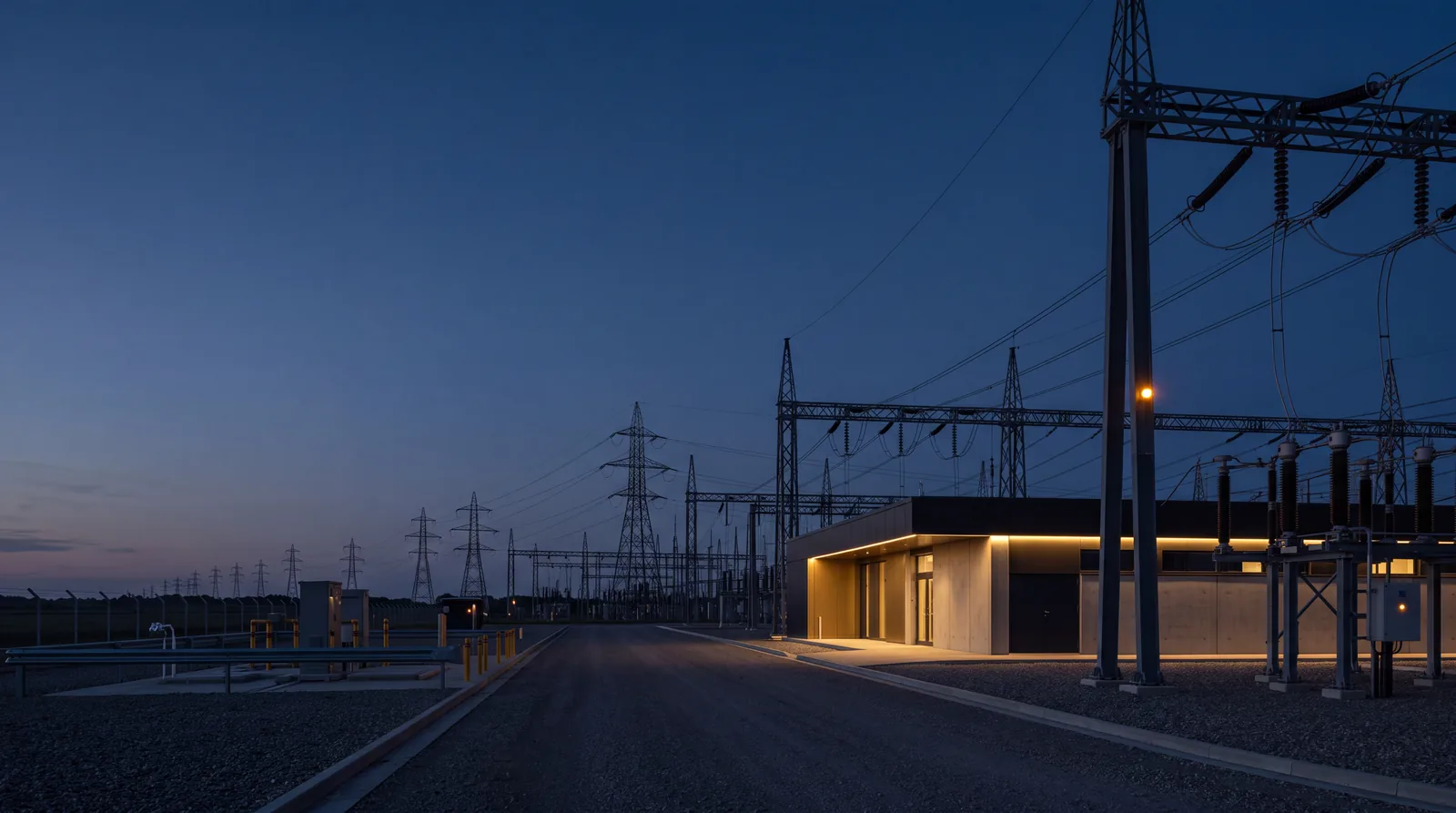 Energy substation and transmission pylons at dusk