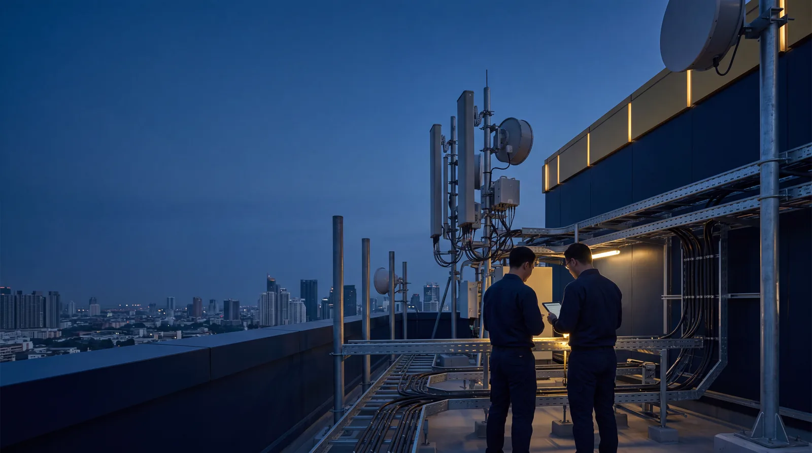 Field engineers on a rooftop reviewing a tablet