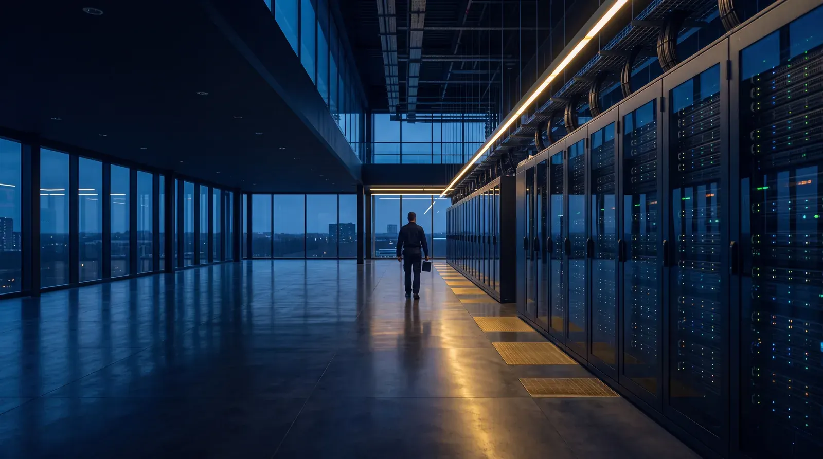 Data center hall perspective with distant technician