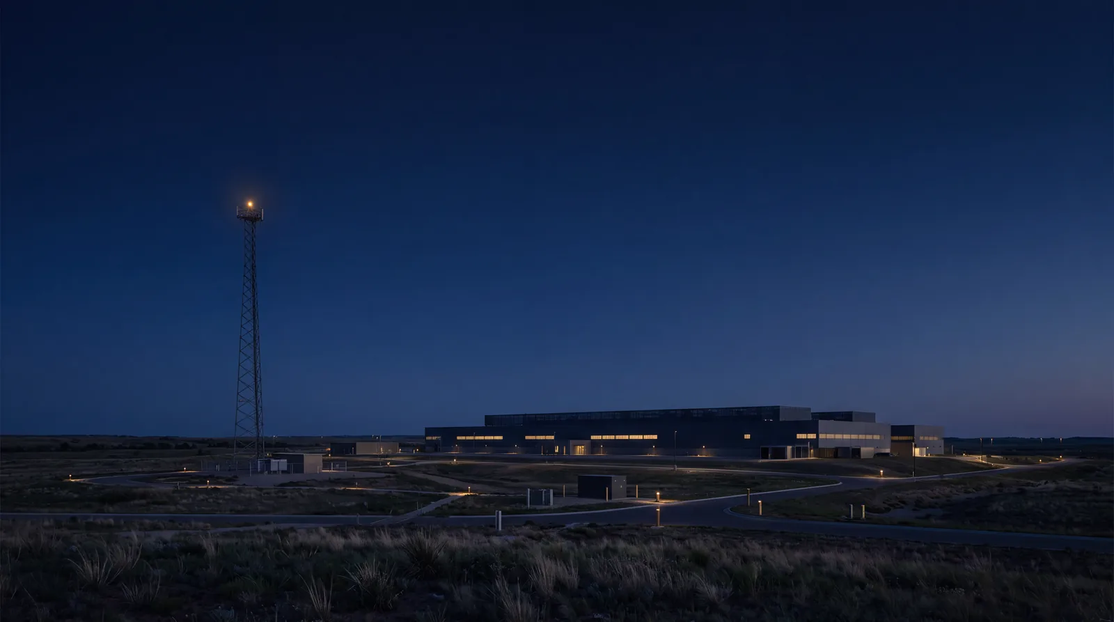 Mission-critical campus panorama at blue hour with gold beacon