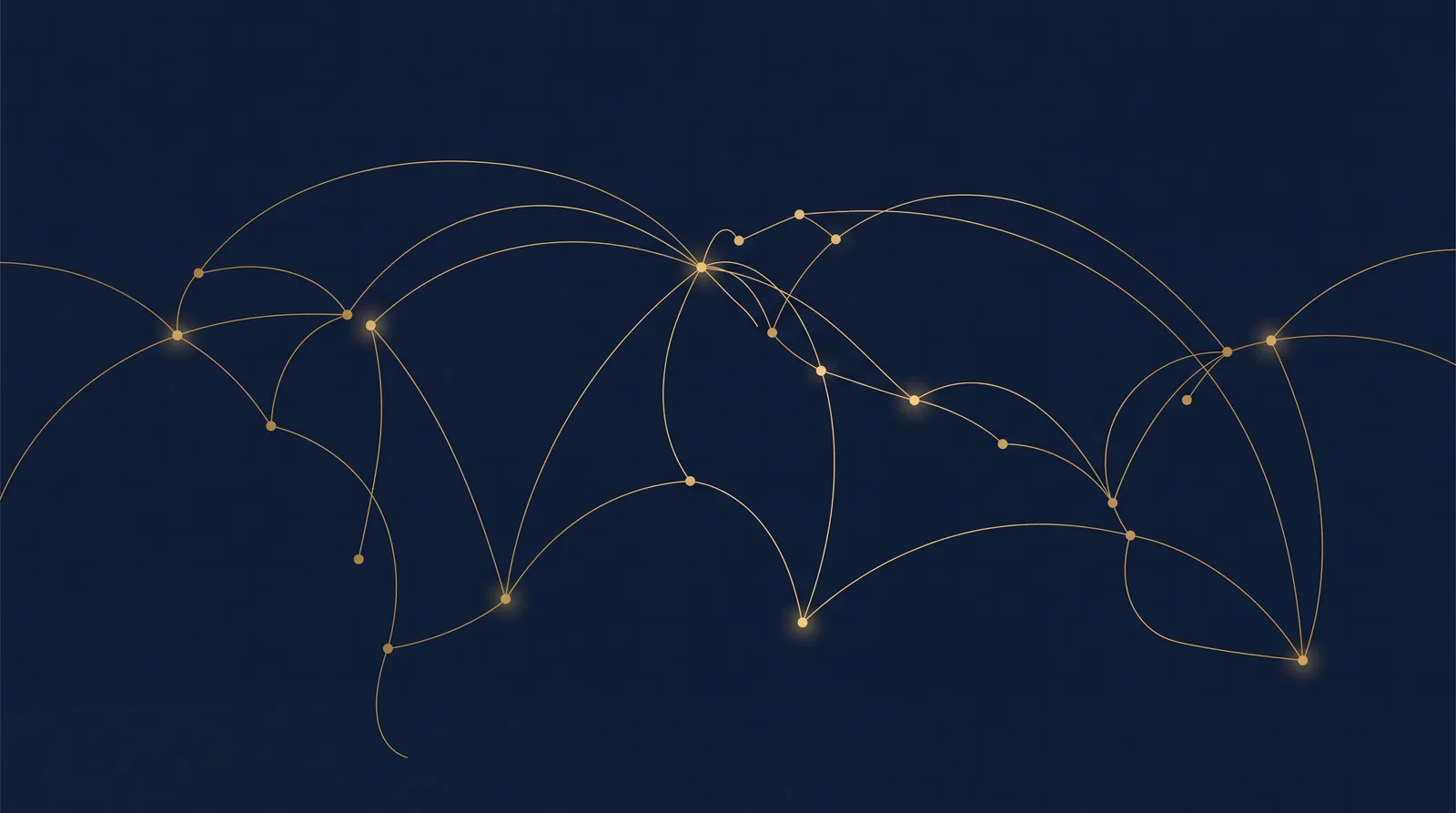 Constellation of thin gold arcs and nodes on navy