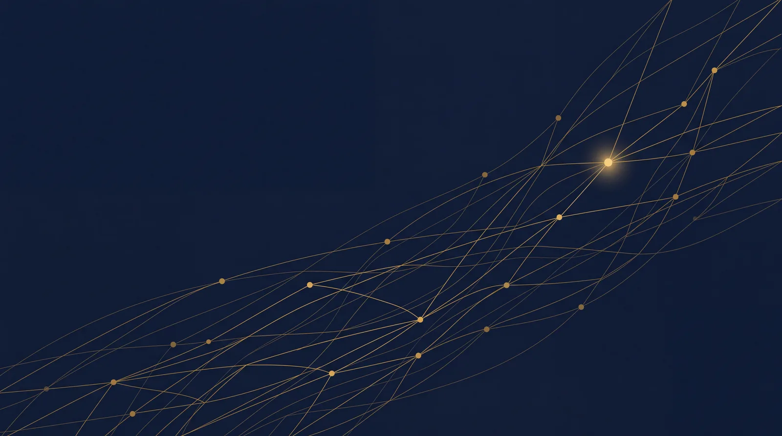 Diagonal flow of gold route lines and nodes on navy